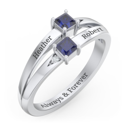 Two Stone Split Band Ring with Accents – Sterling Silver with Blue Sapphire and Cubic Zirconia