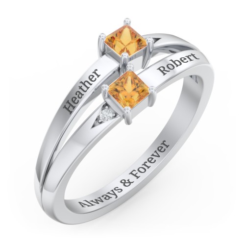 Two Stone Split Band Ring with Accents – Sterling Silver with Citrine and Cubic Zirconia