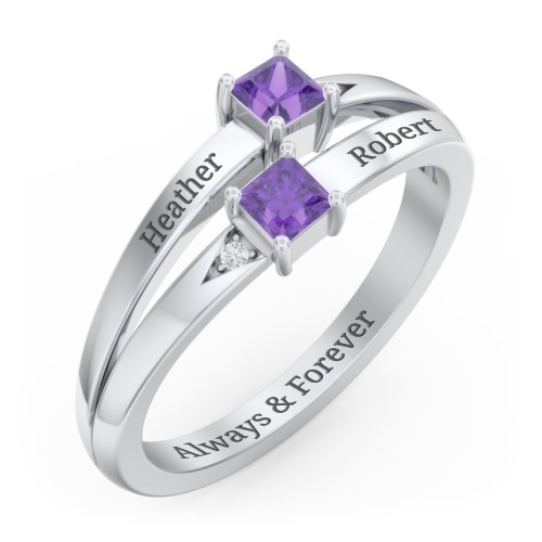 Two Stone Split Band Ring with Accents – Sterling Silver with Amethyst and Cubic Zirconia