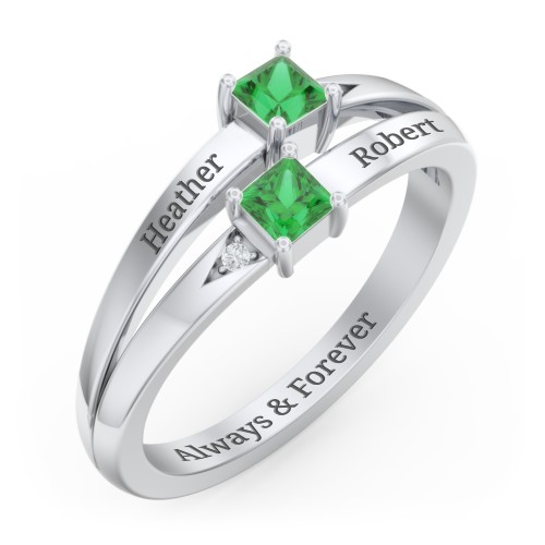 Two Stone Split Band Ring with Accents – Sterling Silver with Emerald and Cubic Zirconia