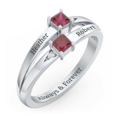 Two Stone Split Band Ring with Accents – Sterling Silver with Ruby and Cubic Zirconia