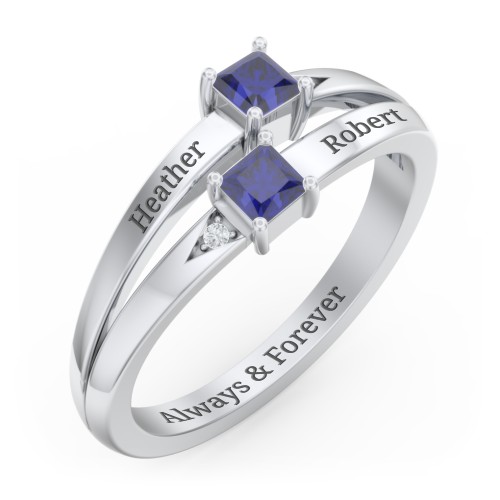 Two Stone Split Band Ring with Accents – Sterling Silver with Blue Sapphire and Cubic Zirconia