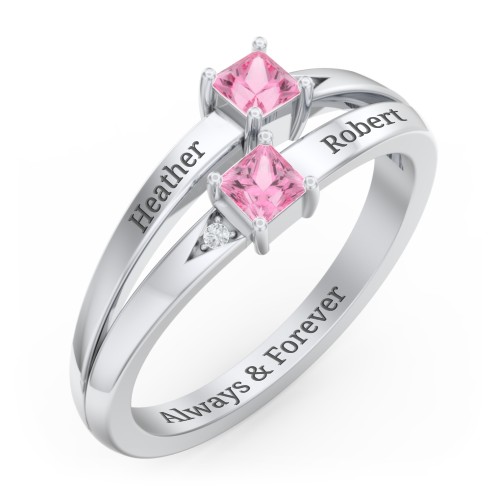 Two Stone Split Band Ring with Accents – Sterling Silver with Pink Tourmaline and Cubic Zirconia