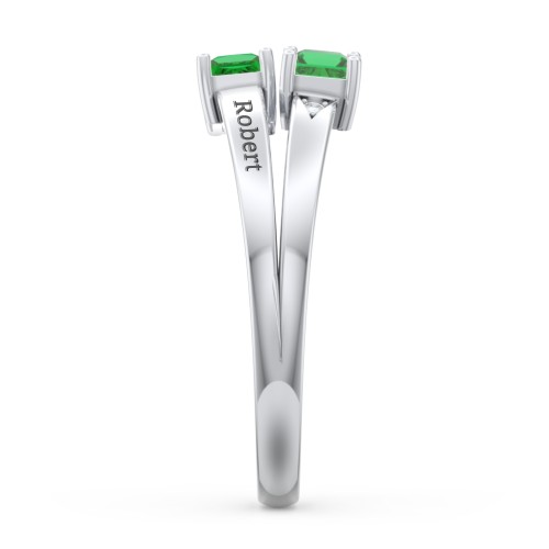 Two Stone Split Band Ring with Accents – Sterling Silver with Emerald and Cubic Zirconia