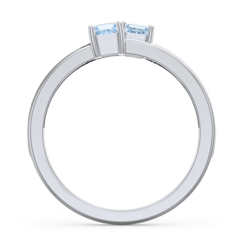 Two Stone Split Band Ring with Accents – Sterling Silver with Aquamarine and Cubic Zirconia