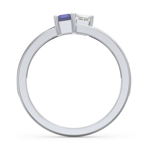 Two Stone Split Band Ring with Accents – Sterling Silver with Cubic Zirconia and Blue Sapphire