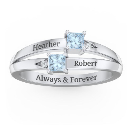 Two Stone Split Band Ring with Accents – Sterling Silver with Aquamarine and Cubic Zirconia