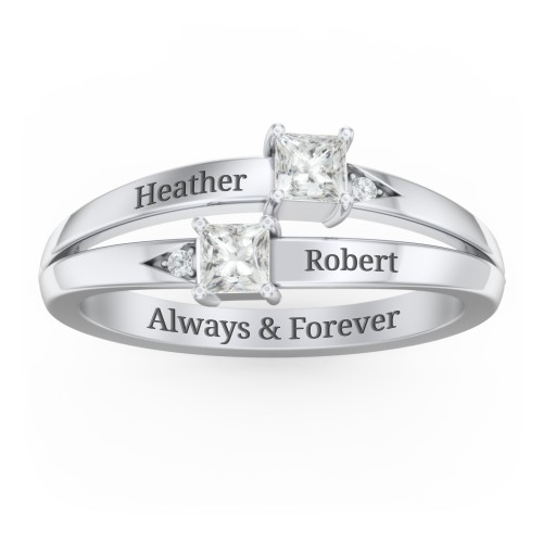 Two Stone Split Band Ring with Accents – Sterling Silver with Cubic Zirconia