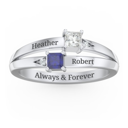 Two Stone Split Band Ring with Accents – Sterling Silver with Cubic Zirconia and Blue Sapphire