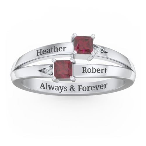 Two Stone Split Band Ring with Accents – Sterling Silver with Ruby and Cubic Zirconia