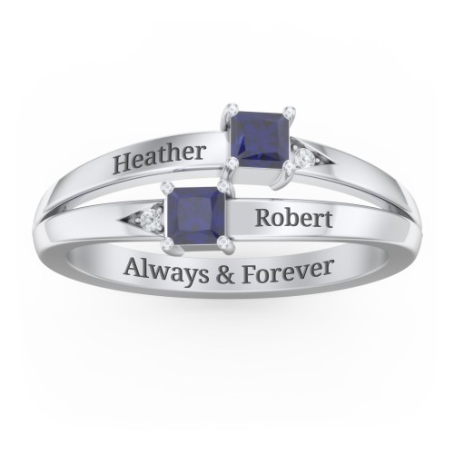 Two Stone Split Band Ring with Accents – Sterling Silver with Blue Sapphire and Cubic Zirconia