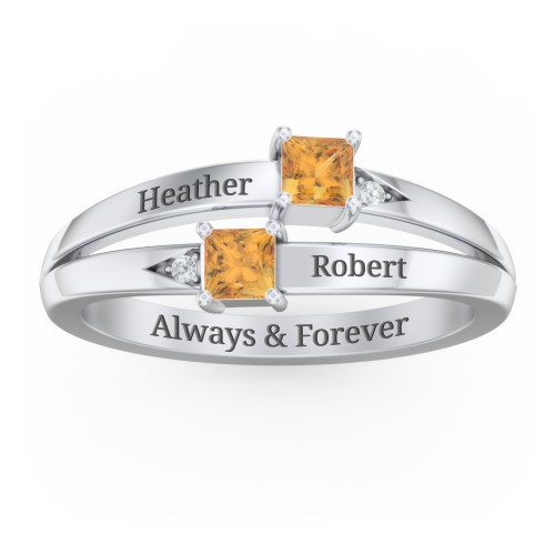 Two Stone Split Band Ring with Accents – Sterling Silver with Citrine and Cubic Zirconia