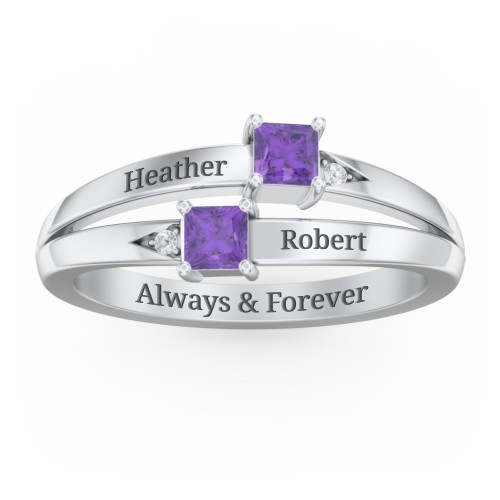Two Stone Split Band Ring with Accents – Sterling Silver with Amethyst and Cubic Zirconia