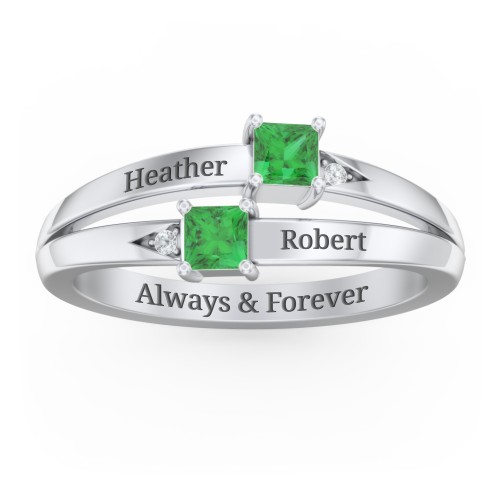 Two Stone Split Band Ring with Accents – Sterling Silver with Emerald and Cubic Zirconia