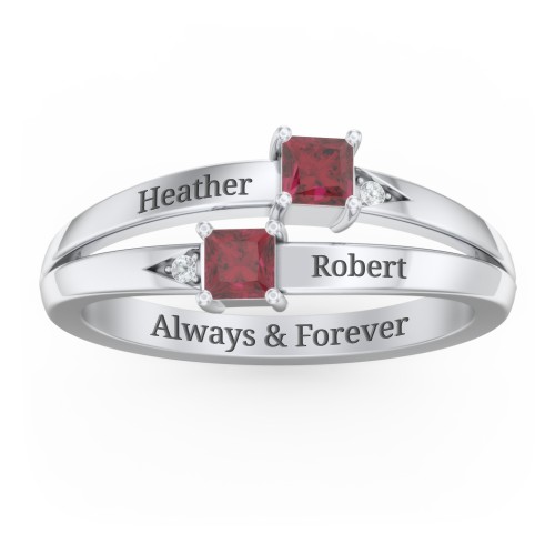 Two Stone Split Band Ring with Accents – Sterling Silver with Ruby and Cubic Zirconia