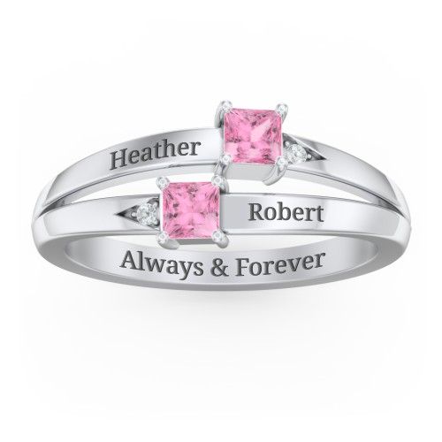 Two Stone Split Band Ring with Accents – Sterling Silver with Pink Tourmaline and Cubic Zirconia