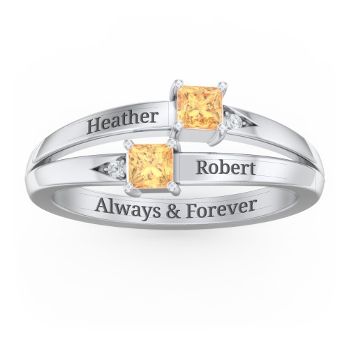 Two Stone Split Band Ring with Accents – Sterling Silver with Citrine and Cubic Zirconia