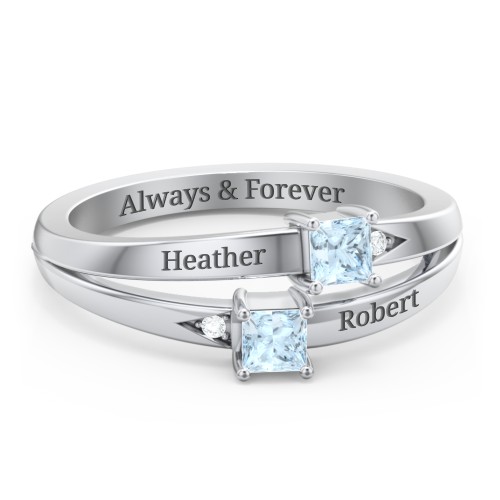 Two Stone Split Band Ring with Accents – Sterling Silver with Aquamarine and Cubic Zirconia