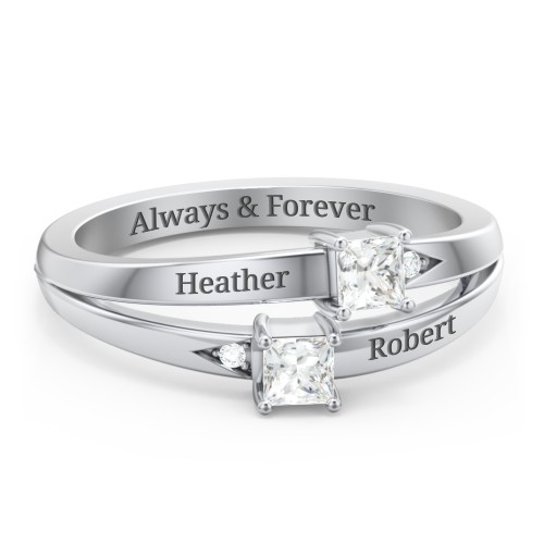 Two Stone Split Band Ring with Accents – Sterling Silver with Cubic Zirconia