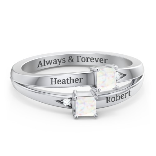 Two Stone Split Band Ring with Accents – Sterling Silver with Opal and Cubic Zirconia