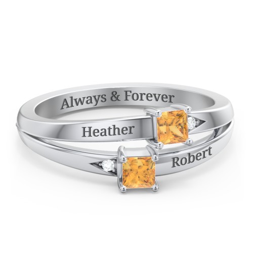 Two Stone Split Band Ring with Accents – Sterling Silver with Citrine and Cubic Zirconia