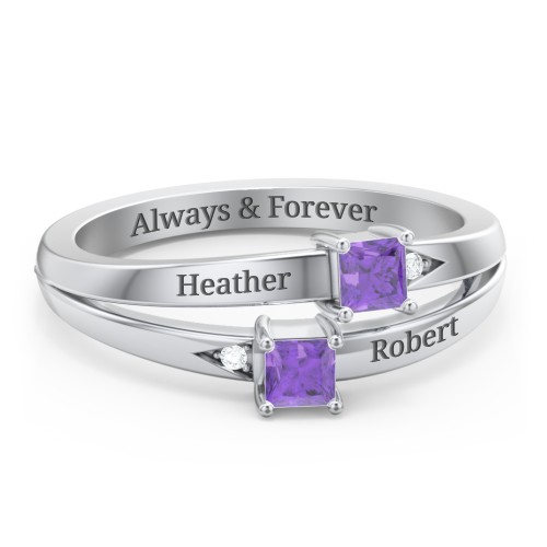 Two Stone Split Band Ring with Accents – Sterling Silver with Amethyst and Cubic Zirconia