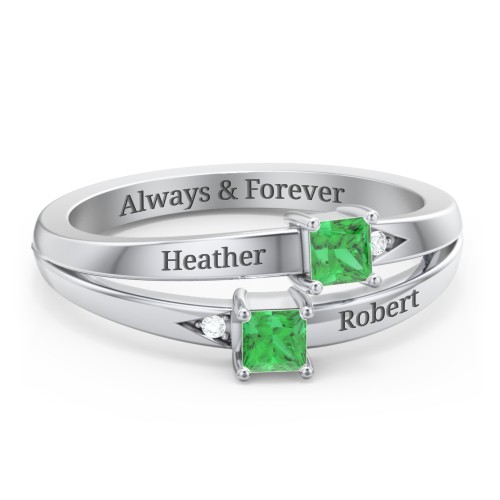 Two Stone Split Band Ring with Accents – Sterling Silver with Emerald and Cubic Zirconia