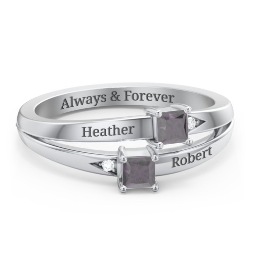 Two Stone Split Band Ring with Accents – Sterling Silver with Alexandrite and Cubic Zirconia