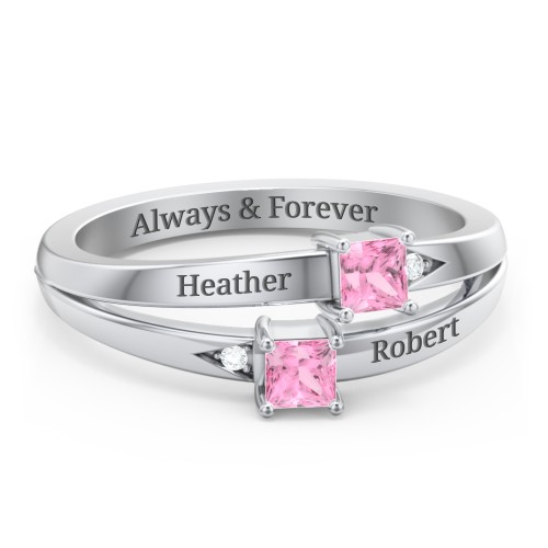 Two Stone Split Band Ring with Accents – Sterling Silver with Pink Tourmaline and Cubic Zirconia