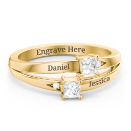 Two Stone Split Band Ring with Accents in 10K Solid Yellow Gold with Cubic Zirconia