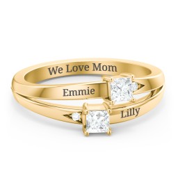 Two Stone Split Band Ring with Accents in 10K Solid Yellow Gold with Diamond