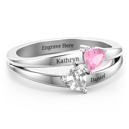 Twin Hearts Ring in 925 Sterling Silver with Pink Tourmaline and Cubic Zirconia