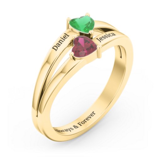 Twin Hearts Ring – 10K Yellow Gold with Emerald and Ruby