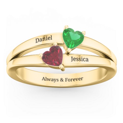 Twin Hearts Ring – 10K Yellow Gold with Emerald and Ruby