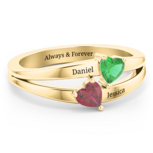Twin Hearts Ring – 10K Yellow Gold with Emerald and Ruby