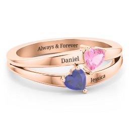 Twin Hearts Ring in 10K Solid Rose Gold with Pink Tourmaline and Blue Sapphire