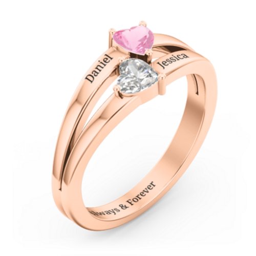 Twin Hearts Ring – 10K Rose Gold with Pink Tourmaline and Cubic Zirconia