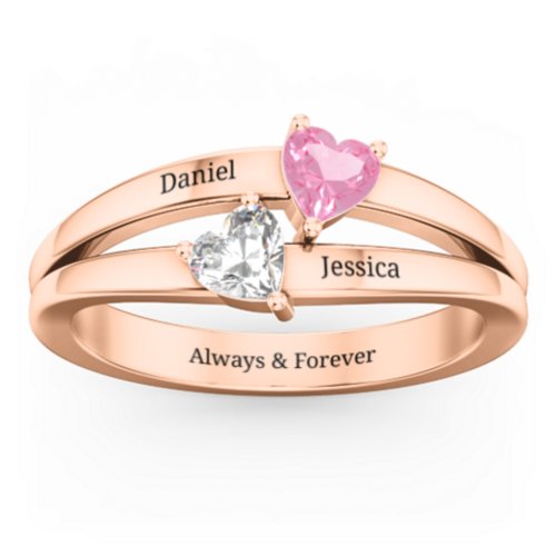 Twin Hearts Ring – 10K Rose Gold with Pink Tourmaline and Cubic Zirconia