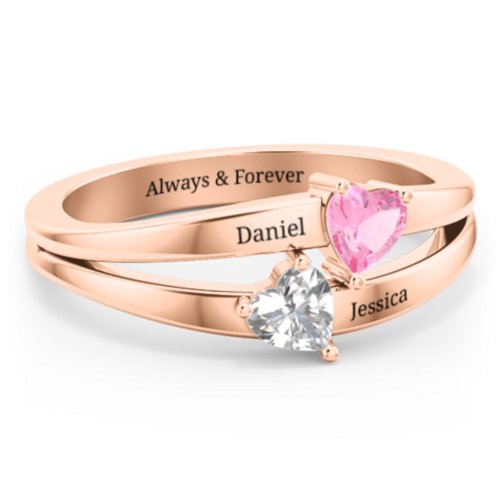 Twin Hearts Ring – 10K Rose Gold with Pink Tourmaline and Cubic Zirconia