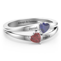 Twin Hearts Ring in 925 Sterling Silver with Blue Sapphire and Garnet