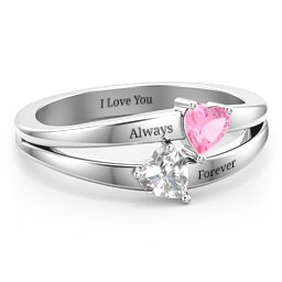 Twin Hearts Ring in 925 Sterling Silver with Pink Tourmaline and Cubic Zirconia
