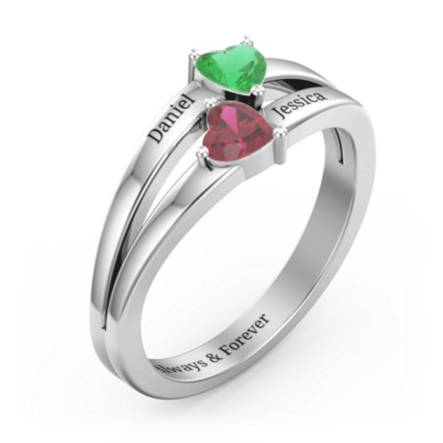 Twin Hearts Ring – Sterling Silver with Emerald and Ruby