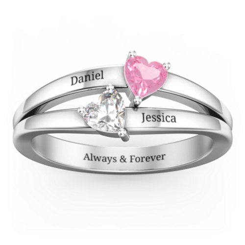 Twin Hearts Ring – Sterling Silver with Pink Tourmaline and Cubic Zirconia