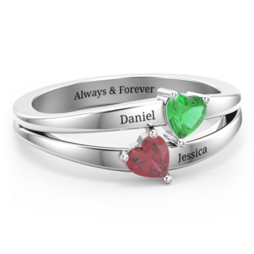 Twin Hearts Ring – Sterling Silver with Emerald and Ruby