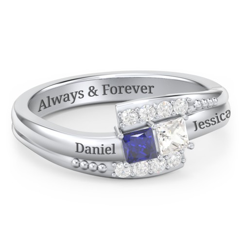 Engravable Bypass Ring with Princess Cut Gemstones and Accents – 10K White Gold with Blue Sapphire, Cubic Zirconia, and White Premium Zirconia
