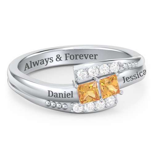 Engravable Bypass Ring with Princess Cut Gemstones and Accents