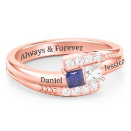 Engravable Bypass Ring with Princess Cut Gemstones and Accents in 10K Solid Rose Gold with Blue Sapphire and Cubic Zirconia