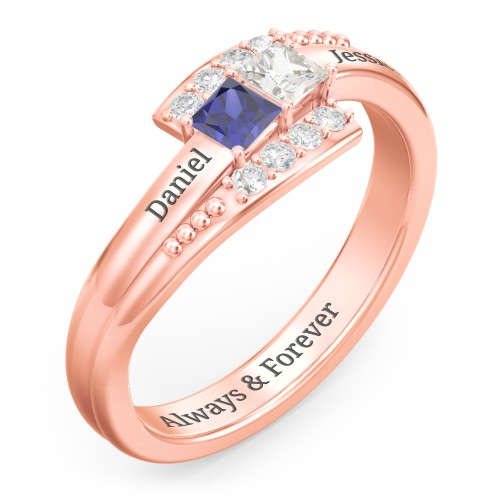 Engravable Bypass Ring with Princess Cut Gemstones and Accents – 10K Rose Gold with Blue Sapphire, Cubic Zirconia, and White Premium Zirconia