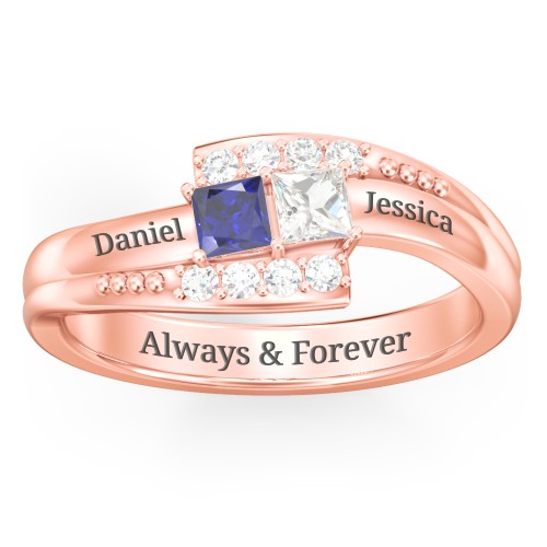 Engravable Bypass Ring with Princess Cut Gemstones and Accents – 10K Rose Gold with Blue Sapphire, Cubic Zirconia, and White Premium Zirconia