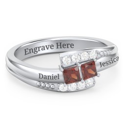 Engravable Bypass Ring with Princess Cut Gemstones and Accents in 925 Sterling Silver with Garnet and White Premium Zirconia